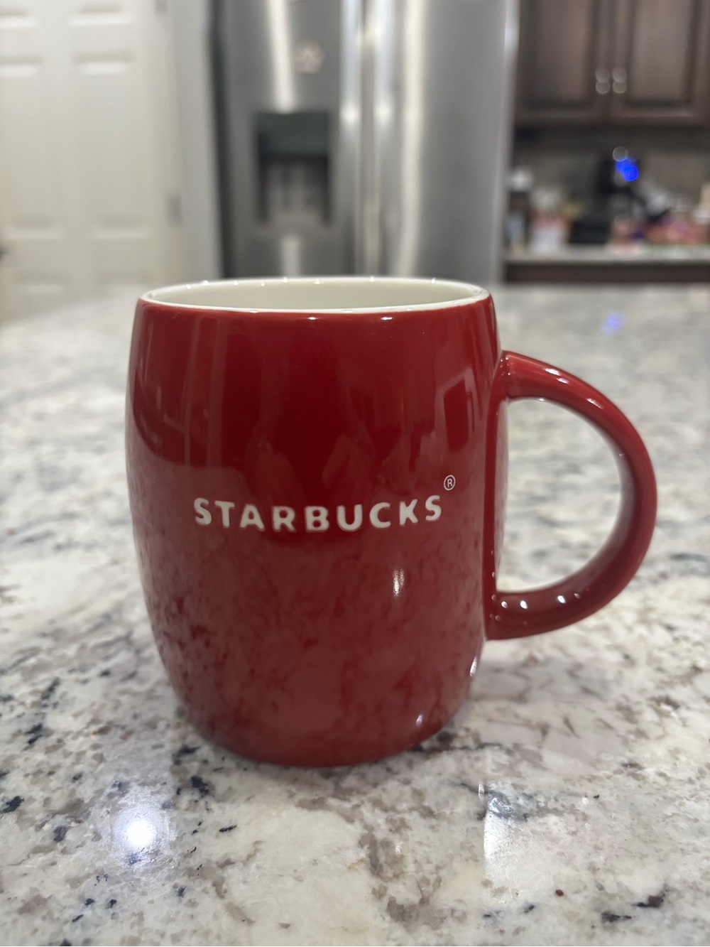Starbucks 2011 Red Barrel Shaped Ceramic Coffee Mug 14 oz White Etched Logo